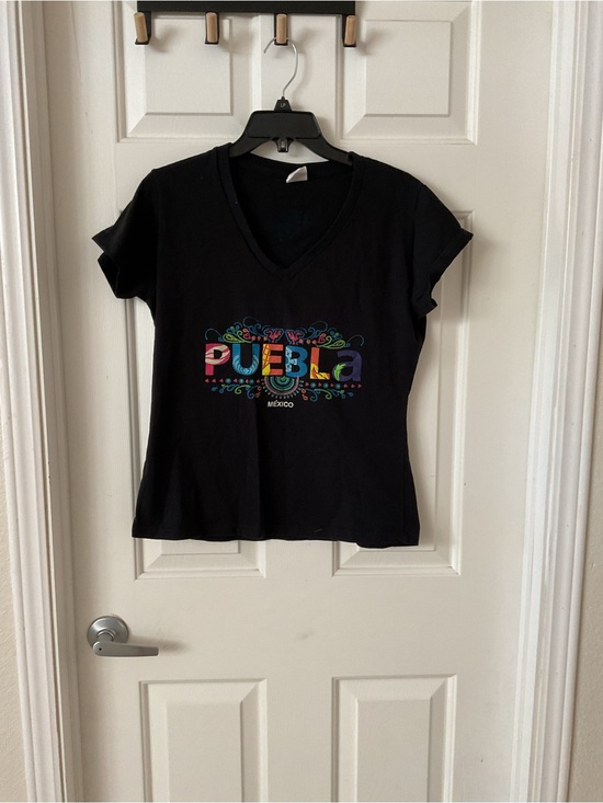 Ella Tops - Ella Black V-Neck Tee with Subtle Blue Speckle